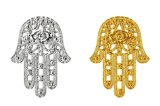 Goldene und silberne Hamsa, Hand des Fatima-Amulett-Symbols auf weißem Hintergrund. 3D-Rendering