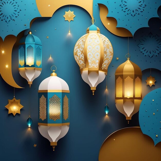 Goldene und weiße laternen islamischer ramadan fallender konfetti blauer hintergrund