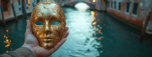 Goldene venezianische Karnevalmaske auf der Brücke in Venedig beim traditionellen Karneval in Venedig