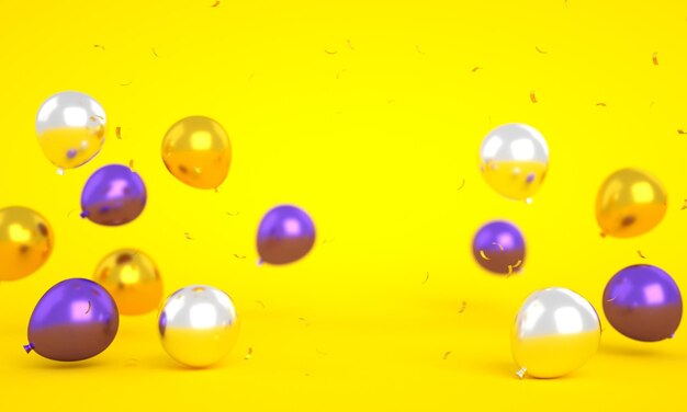 Foto goldene violette und weiße ballons, die mit konfetti schwimmen, isoliert für alles gute zum geburtstag, hintergrund 3d