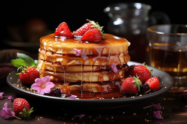 Goldene Waffeln mit frischen Erdbeeren und Honig IA