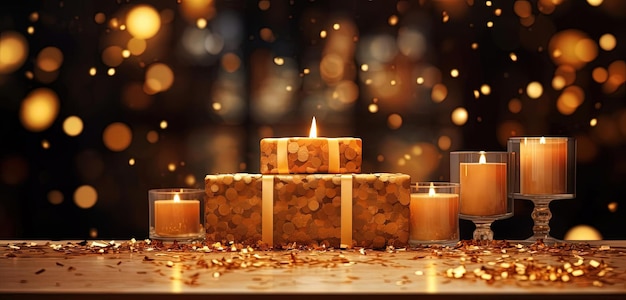 Goldene Weihnachtsbar mit Kerzenlicht auf einem Marmortisch
