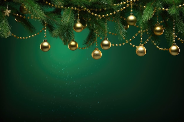 Foto goldene weihnachtsbaumkugeln auf den grünen zweigen eines tannenbaums, platz für text an der unterseite
