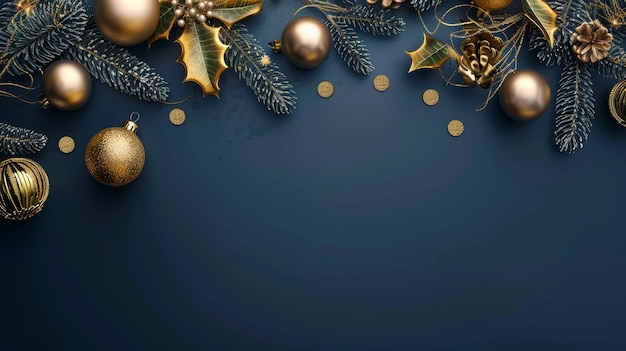 Goldene Weihnachtsdekorationen auf einem dunkelblauen Hintergrund Grußkartenvorlage für die bevorstehende Ferienzeit Banner-Mockup für Frohe Weihnachten und frohes Neujahr