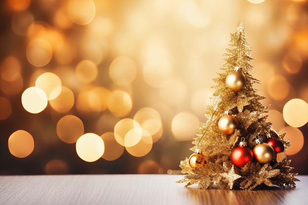 Goldene Weihnachtskomposition Weihnachtsbaum auf verschwommenem Hintergrund Helle Weihnachtsbeleuchtung Selektiver Fokus Platz für Kopie