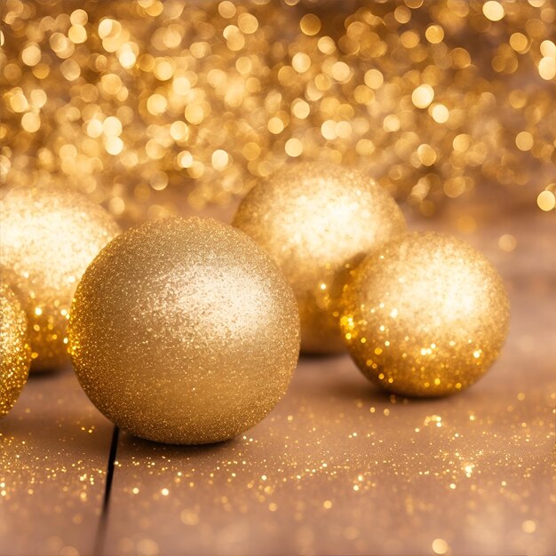 Goldene Weihnachtskugeln auf Bokeh-Hintergrund Neujahrskonzept