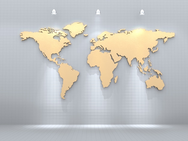 Goldene Weltkarte auf weißer Wand mit Lichtfleck.3D-Darstellung.