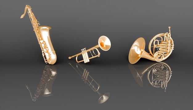 Goldene Windmusikinstrumente auf einem schwarzen Hintergrund, 3d Illustration