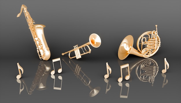 Goldene Windmusikinstrumente auf einem schwarzen Hintergrund, 3d Illustration