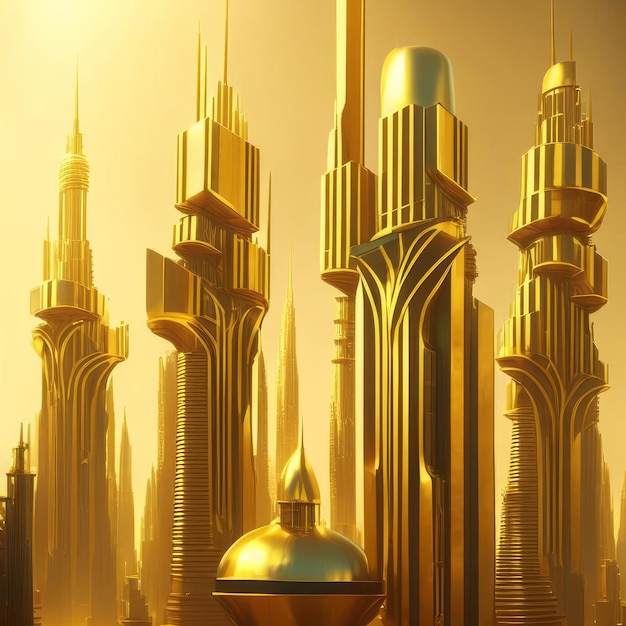 Goldene Wolkenkratzer in einer goldenen Stadt, die von der KI generiert wurde