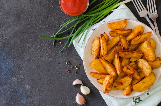 Goldene würzige Kartoffelschnitze gebraten oder im Ofen mit Knoblauch, Ketchup und Zwiebeln gebacken.