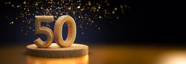 Goldene Zahl 50 aus Partikeln mit fünfzig goldenen Zahlen mit funkelnden Lichtern