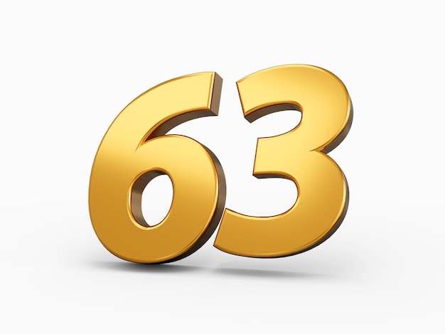 Goldene Zahl 63 Dreiundsechzig isoliert weißer Hintergrund glänzende 3D-Zahl aus Gold 3D-Darstellung