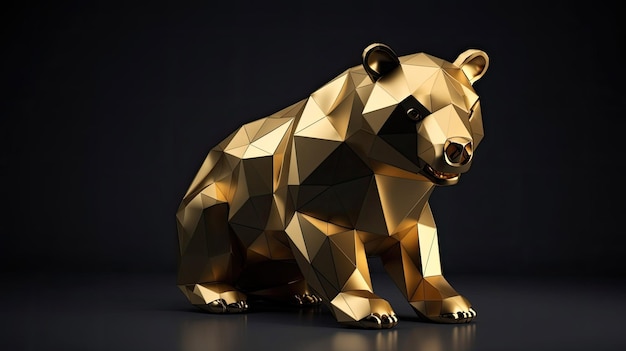 Goldener Bär im Origami-Stil auf schwarzem Hintergrund. 3D-Kunststil mit generativer KI-Technologie
