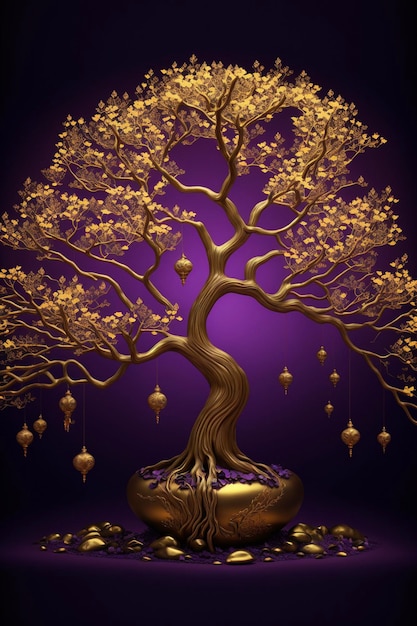 Goldener Baum mit Ornamenten auf violettem Hintergrund, generative KI