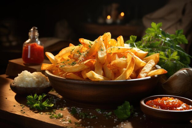 Goldener Berg knuspriger Chips neben einer offenen Ketchup-Flasche generative IA