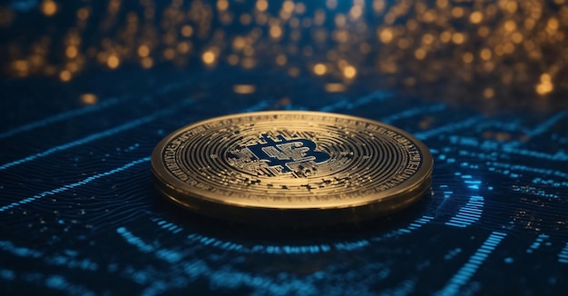 Goldener Bitcoin auf blauem Hintergrund Kryptowährungskonzept 3D-Rendering