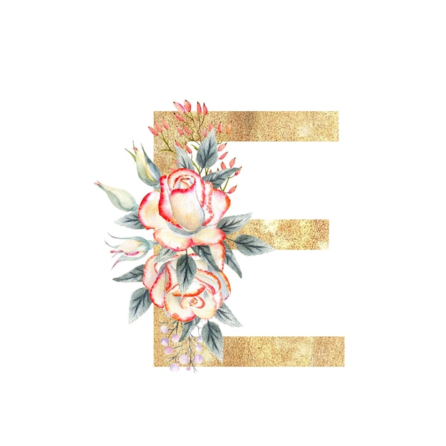 Goldener Buchstabe E des englischen Alphabets mit einem Strauß rosa Rosen auf weißem, isoliertem Hintergrund Handgezeichnete Aquarellillustration