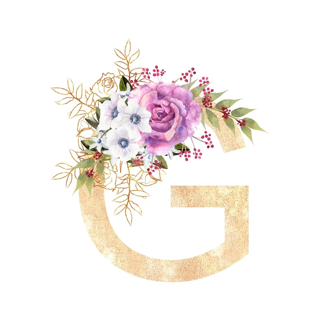 Goldener Buchstabe G des englischen Alphabets mit einem Strauß lila Rosen und Anemonen auf weißem, isoliertem Hintergrund Handgezeichnete Aquarellillustration