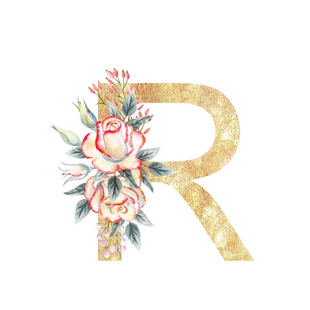 Goldener Buchstabe R des englischen Alphabets mit einem Strauß rosa Rosen auf weißem, isoliertem Hintergrund Handgezeichnete Aquarellillustration