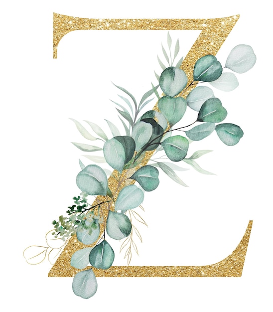 Goldener Buchstabe Z mit grünen Aquarell-Eukalyptuszweigen, isoliert auf weiß. Funkelnde Buchstaben des Alphabets mit grünen Blättern und Blumen Botanisches Element für Hochzeits- und Urlaubsbriefpapier