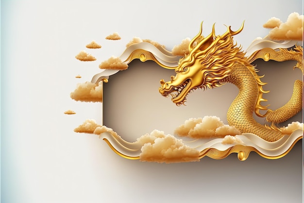 Foto goldener chinesischer drache mit papierwolken auf gelb