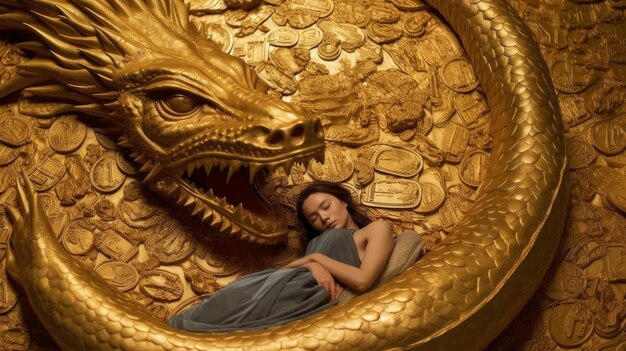 goldener Drache und eine Frau in Gold