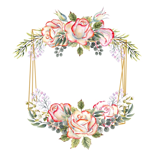 Goldener geometrischer rahmen mit einem strauß weißer rosen mit blättern, dekorativen zweigen und beeren. aquarellillustration für logos, einladungen, grußkarten