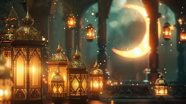 Goldener Halbmond mit Laternen in einer Moschee Ramadan Kareem Hintergrund