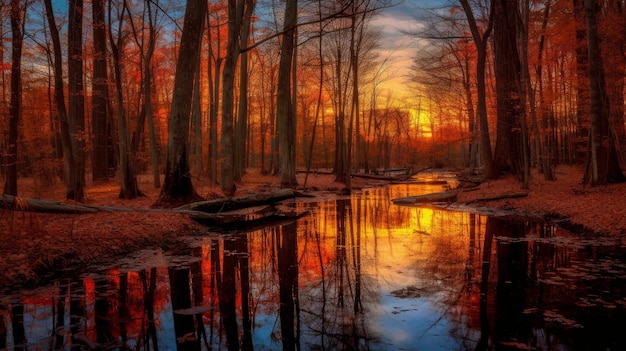 goldener Herbstwald am Fluss bei Sonnenuntergang