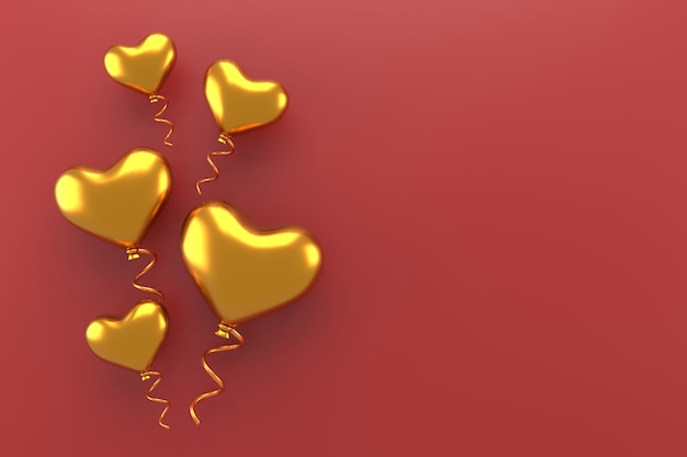 Goldener Herzballon. Valentinstag Hintergrund. 3D-Rendering.