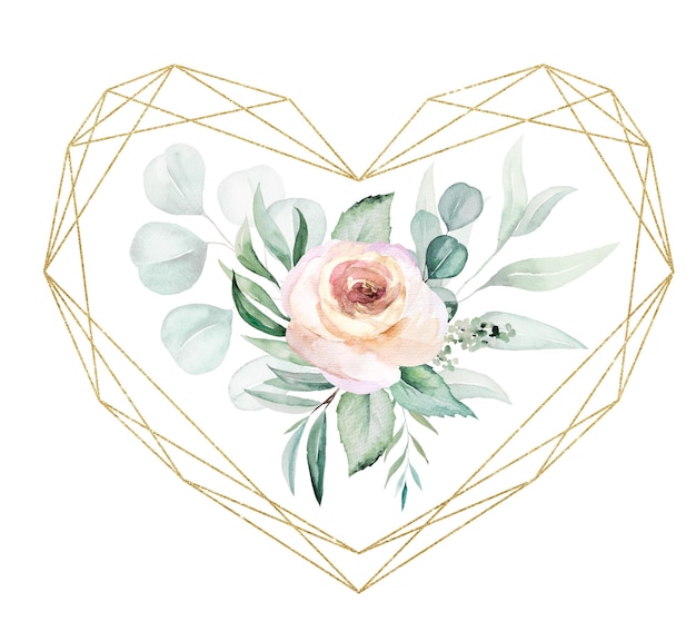 Goldener Herzrahmen mit Aquarell, rosa Blumen und grünen Blättern, Valentinstag oder Hochzeitsillustration