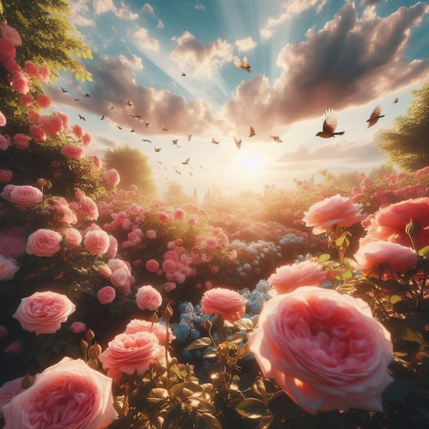Foto goldener himmel ein atemberaubender sonnenuntergang, der üppige rosa rosen und anmutige vögel umarmt