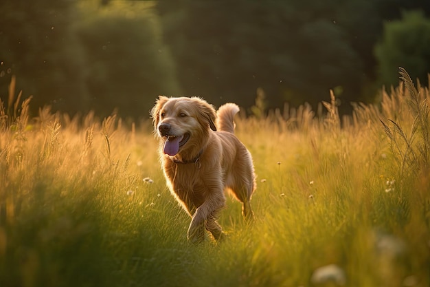 Goldener Hund läuft in einem sonnigen Feld generativ IA