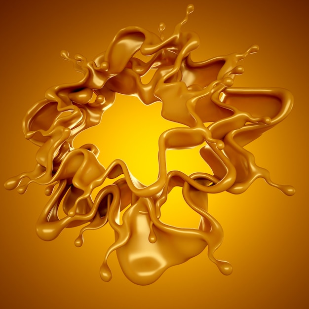 Goldener Karamellspritzer auf Gelb. 3D-Rendering.