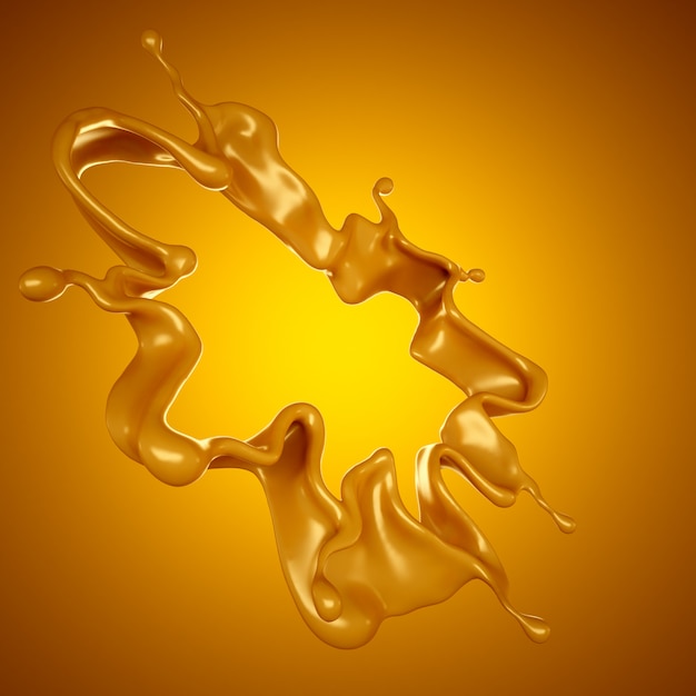 Goldener Karamellspritzer auf gelbem Grund. 3D-Rendering.