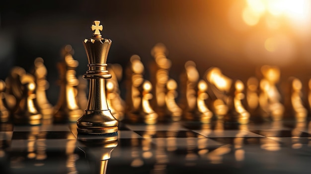 Goldener König Schach steht vor anderen Schachfiguren Führung Geschäftsteamarbeit und Marketingstrategie Planung Konzept