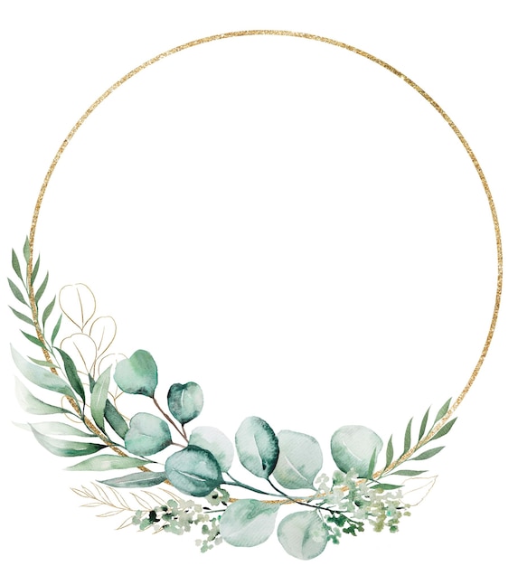 Goldener Kreisrahmen mit grünen Aquarellblättern isolierter Hochzeitsillustration Kopierraum