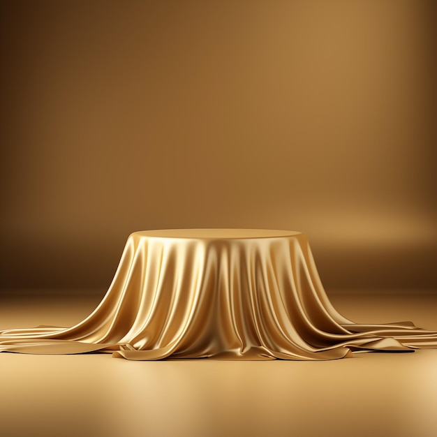 Goldener luxuriöser Stoff, der auf dem obersten Sockel oder einem leeren Podiumsregal an einer goldenen Wand mit luxuriösen Konzepten platziert ist