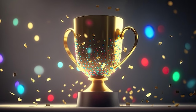 Goldener Pokal als Belohnung für den Sieg im Spielwettbewerb, buntes Konfetti, mehrfarbige Blendenflecklichter