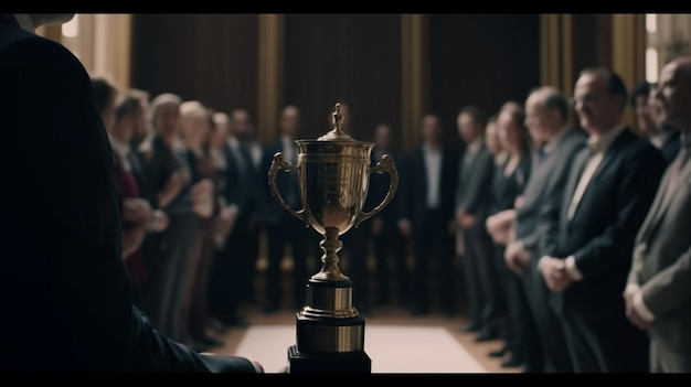 Goldener Pokal in der Halle mit Menschen Generative KI