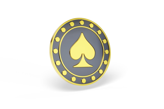 Goldener Pokerchip mit Spatenfigur isoliert auf weißem Hintergrund 3D-Darstellung