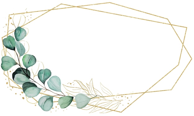 Goldener Rahmen mit grünen Aquarellen Eukalyptusblättern isolierter Hochzeitsillustration