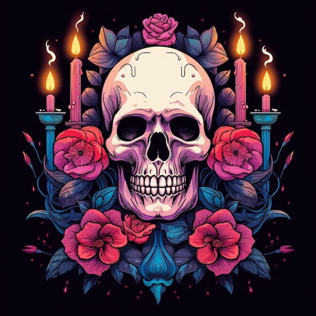 goldener Schädel für den Dia de los muertos, den Tag der Toten mit Kerzen und Blumen