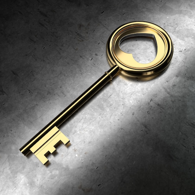 Goldener Schlüssel auf schwarzem metallischem Hintergrund. 3D-Rendering