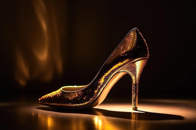 Goldener Schuh mit dunklem Hintergrund, generatives KI-Bild