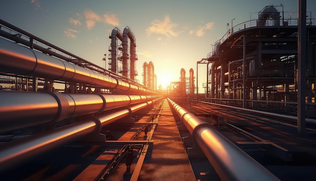 Goldener Sonnenuntergang in einer Ölraffinerie mit Pipelinesystem
