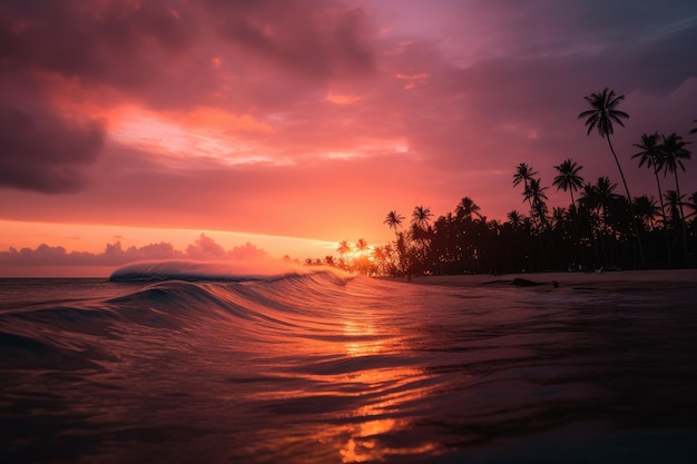 Goldener Sonnenuntergang in Siargao Philippinen mit Surfern auf Cloud 9 generative IA