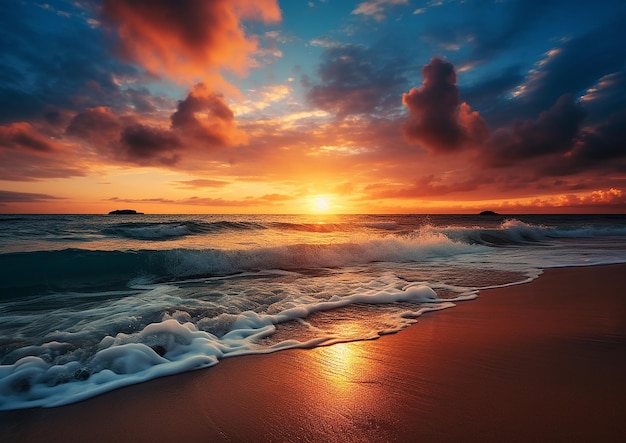 Foto goldener sonnenuntergang über dem meer an einem strand in