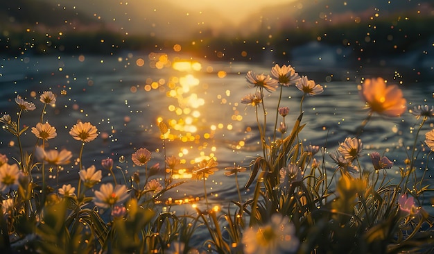 Goldener Sonnenuntergang über dem ruhigen See mit blühenden Wildblumen